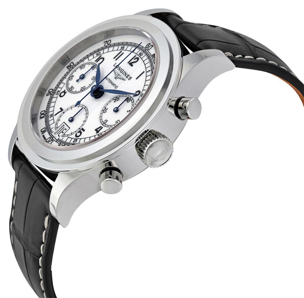 Longines Heritage Automatic Chronograph Stainless Steel Black Leather Strap White Dial Date Mens Watch L2.768.4.13.2 wholesalehk.shop