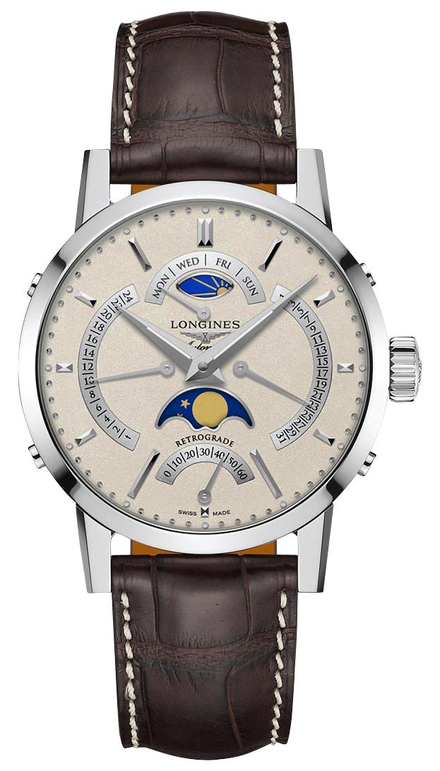 Longines Heritage Classic 1832 Automatic Stainless Steel Beige Dial Brown Leather Strap Retrograde Day/Date GMT Moonphase Mens Watch L4.828.4.92.2 wholesalehk.shop