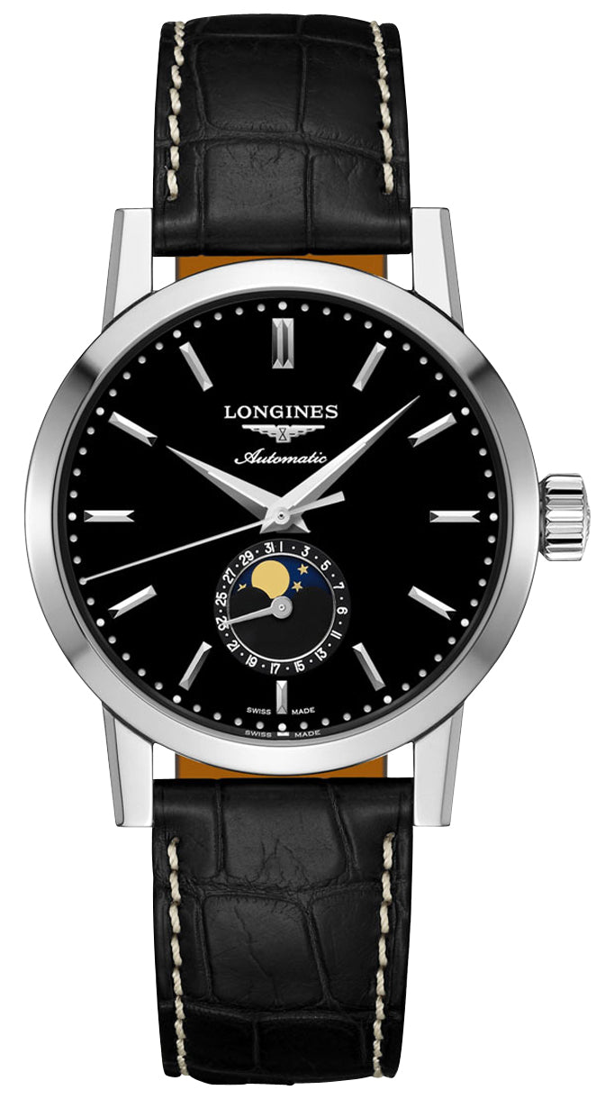 Longines Heritage Classic 1832 Automatic Stainless Steel Black Dial Black Leather Strap Date Moonphase Mens Watch L4.826.4.52.0 wholesalehk.shop