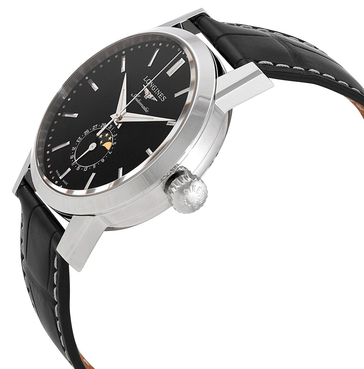 Longines Heritage Classic 1832 Automatic Stainless Steel Black Dial Black Leather Strap Date Moonphase Mens Watch L4.826.4.52.0 wholesalehk.shop