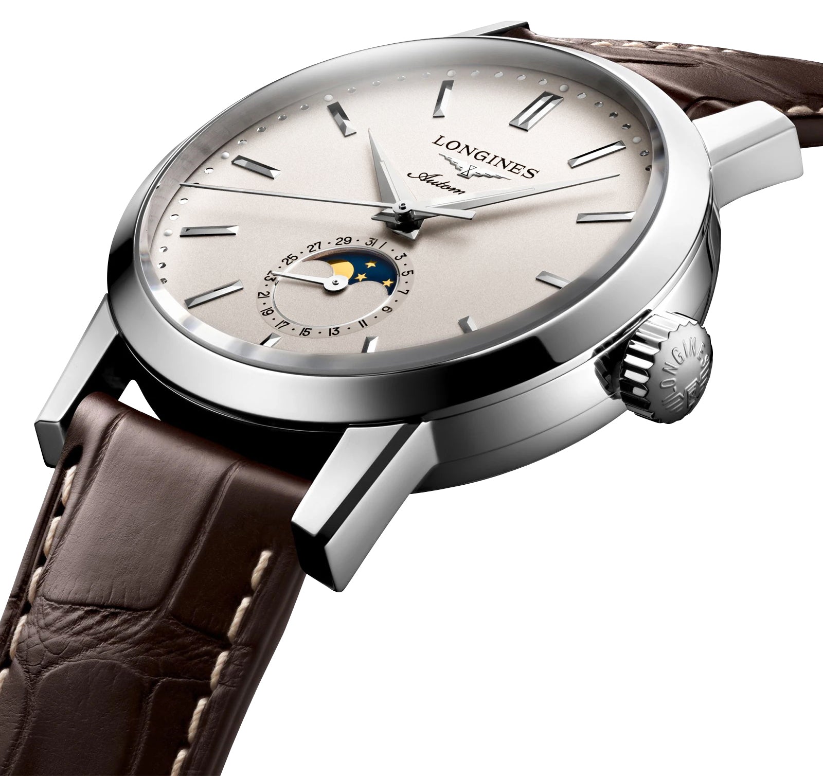 Longines Heritage Classic 1832 Automatic Stainless Steel Off-White Dial Brown Leather Strap Date Moonphase Mens Watch L4.826.4.92.2 wholesalehk.shop