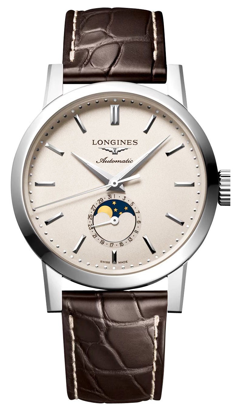 Longines Heritage Classic 1832 Automatic Stainless Steel Off-White Dial Brown Leather Strap Date Moonphase Mens Watch L4.826.4.92.2 wholesalehk.shop
