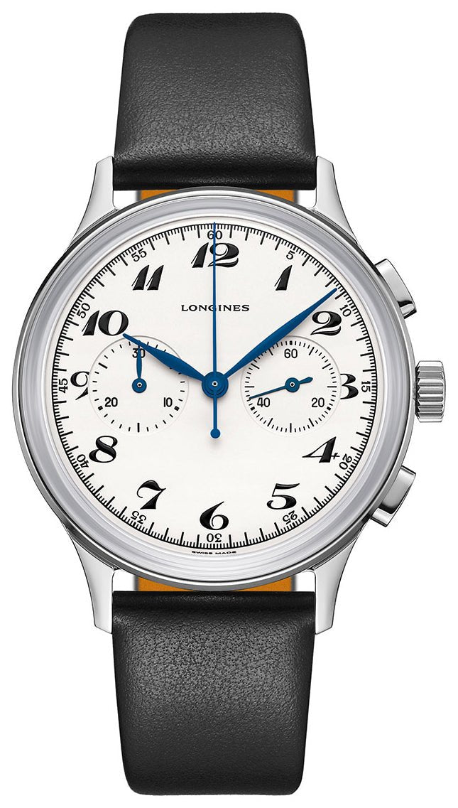 Longines Heritage Classic 1946 Automatic Chronograph Stainless Steel Silver Dial Black Leather Strap Mens Watch L2.827.4.73.0 wholesalehk.shop