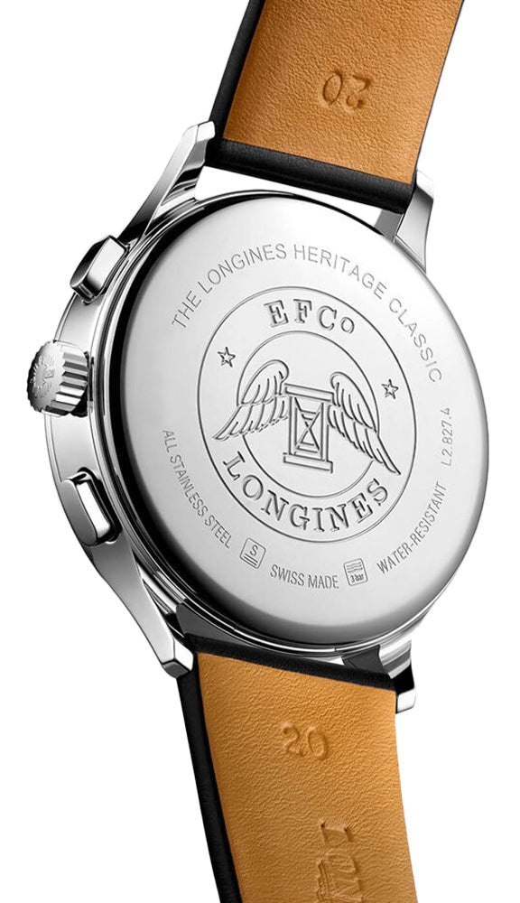 Longines Heritage Classic 1946 Automatic Chronograph Stainless Steel Silver Dial Black Leather Strap Mens Watch L2.827.4.73.0 wholesalehk.shop