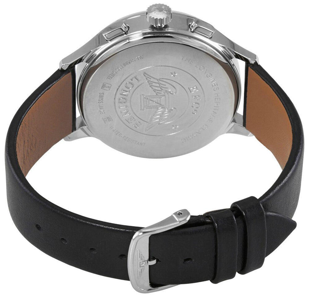Longines Heritage Classic 1946 Automatic Chronograph Stainless Steel Silver Dial Black Leather Strap Mens Watch L2.827.4.73.0 wholesalehk.shop
