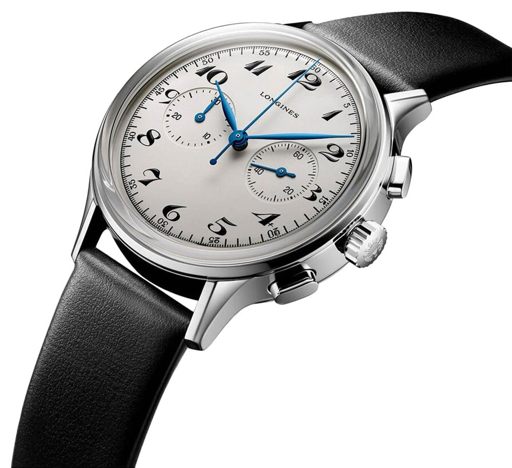 Longines Heritage Classic 1946 Automatic Chronograph Stainless Steel Silver Dial Black Leather Strap Mens Watch L2.827.4.73.0 wholesalehk.shop