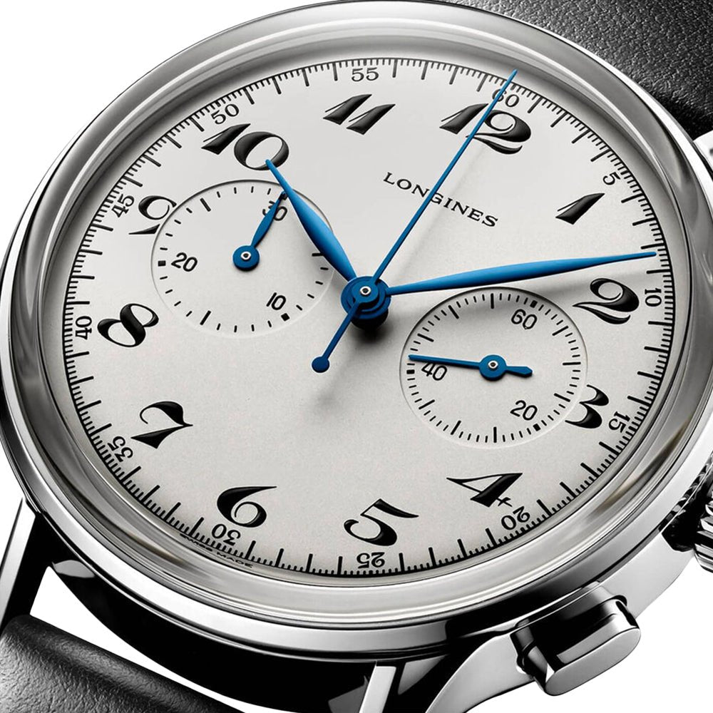 Longines Heritage Classic 1946 Automatic Chronograph Stainless Steel Silver Dial Black Leather Strap Mens Watch L2.827.4.73.0 wholesalehk.shop