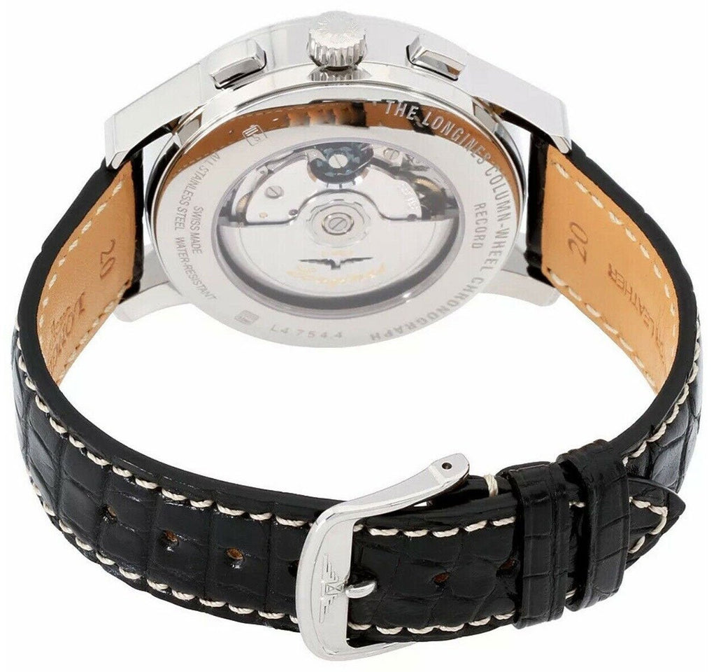 Longines Heritage Column-Wheel Chronograph Automatic Stainless Steel Black Leather Strap Black Dial Date Mens Watch L4.754.4.52.3 wholesalehk.shop
