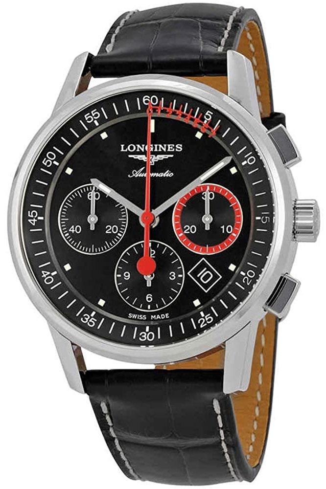 Longines Heritage Column-Wheel Chronograph Automatic Stainless Steel Black Leather Strap Black Dial Date Mens Watch L4.754.4.52.3 wholesalehk.shop