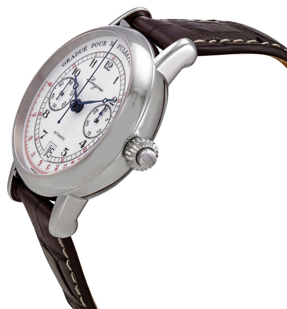 Longines Heritage Column Wheel Pulsometer Chronograph Automatic White Dial Brown Leather Strap Date Mens Watch L2.801.4.23.2 wholesalehk.shop