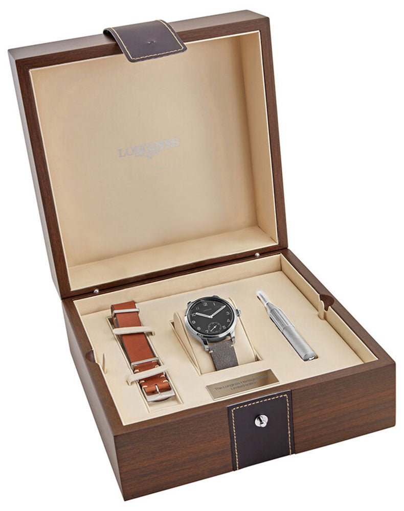 Longines Heritage Military 1938 Limited Edition Mechanical Hand-Wind Stainless Steel Black Dial Gray/Brown Interchangeable Leather Strap Mens Watch L2.826.4.53.2 wholesalehk.shop