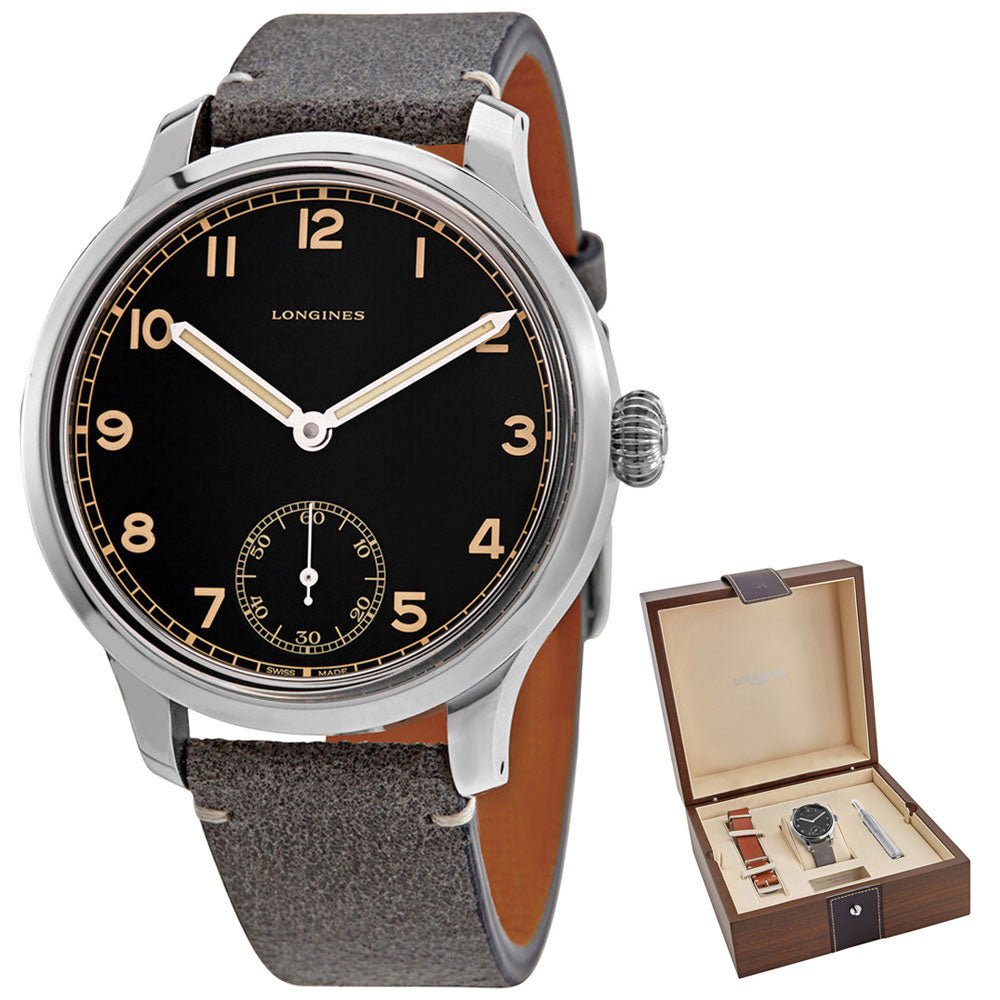 Longines Heritage Military 1938 Limited Edition Mechanical Hand-Wind Stainless Steel Black Dial Gray/Brown Interchangeable Leather Strap Mens Watch L2.826.4.53.2 wholesalehk.shop