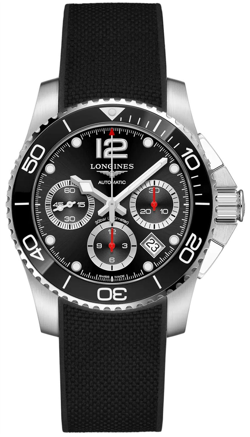 Longines HydroConquest Automatic Chronograph Stainless Steel Black Rubber Strap Black Dial Date Divers Mens Watch L3.783.4.56.9 wholesalehk.shop