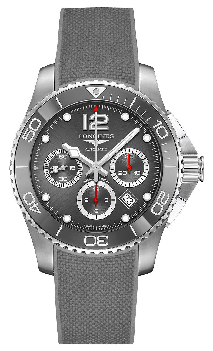 Longines HydroConquest Automatic Chronograph Stainless Steel Gray Dial Gray Rubber Strap Date Divers Mens Watch L3.883.4.76.9 wholesalehk.shop
