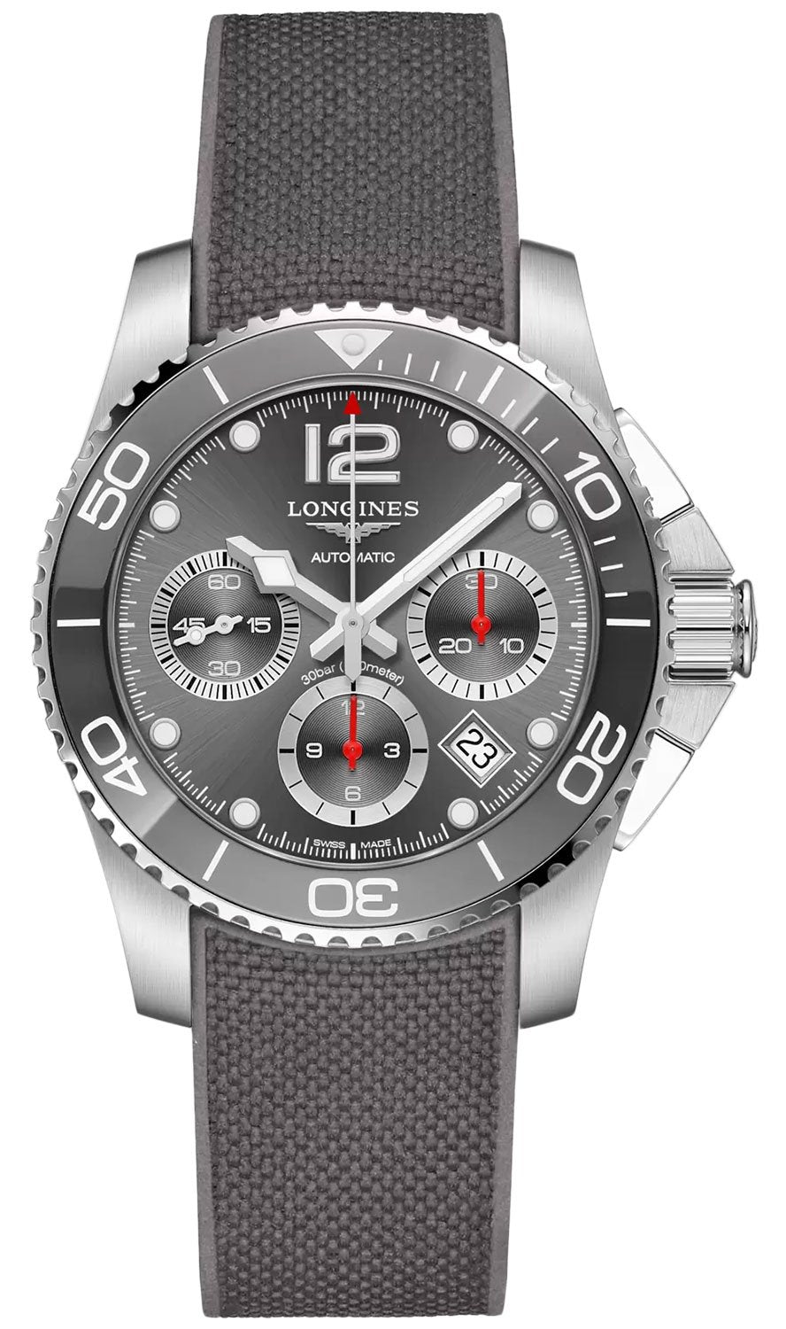 Longines HydroConquest Automatic Chronograph Stainless Steel Grey Rubber Strap Grey Dial Date Divers Mens Watch L3.783.4.76.9 wholesalehk.shop
