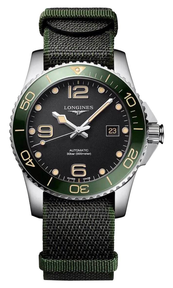 Longines HydroConquest Automatic Stainless Steel Black Dial Green NATO Nylon Strap Date Divers Mens Watch L3.781.4.05.2 wholesalehk.shop