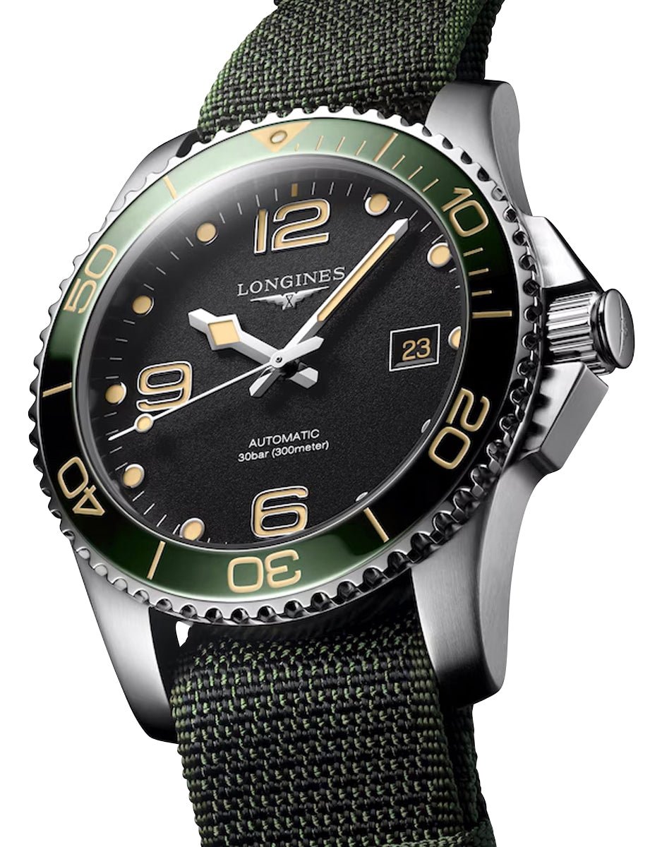 Longines HydroConquest Automatic Stainless Steel Black Dial Green NATO Nylon Strap Date Divers Mens Watch L3.781.4.05.2 wholesalehk.shop