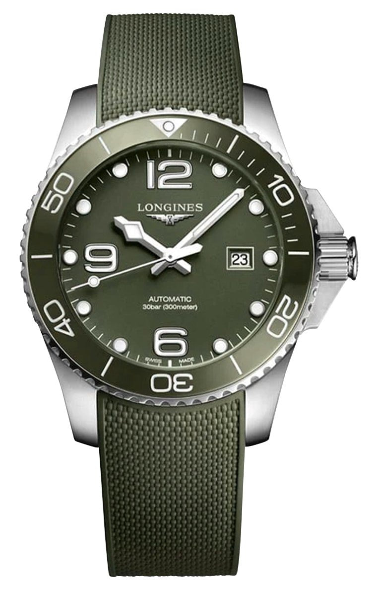 Longines HydroConquest Automatic Stainless Steel Green Dial Green Rubber Strap Date Divers Mens Watch L3.782.4.06.9 wholesalehk.shop