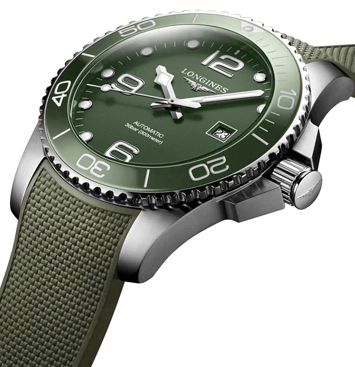 Longines HydroConquest Automatic Stainless Steel Green Dial Green Rubber Strap Date Divers Mens Watch L3.782.4.06.9 wholesalehk.shop