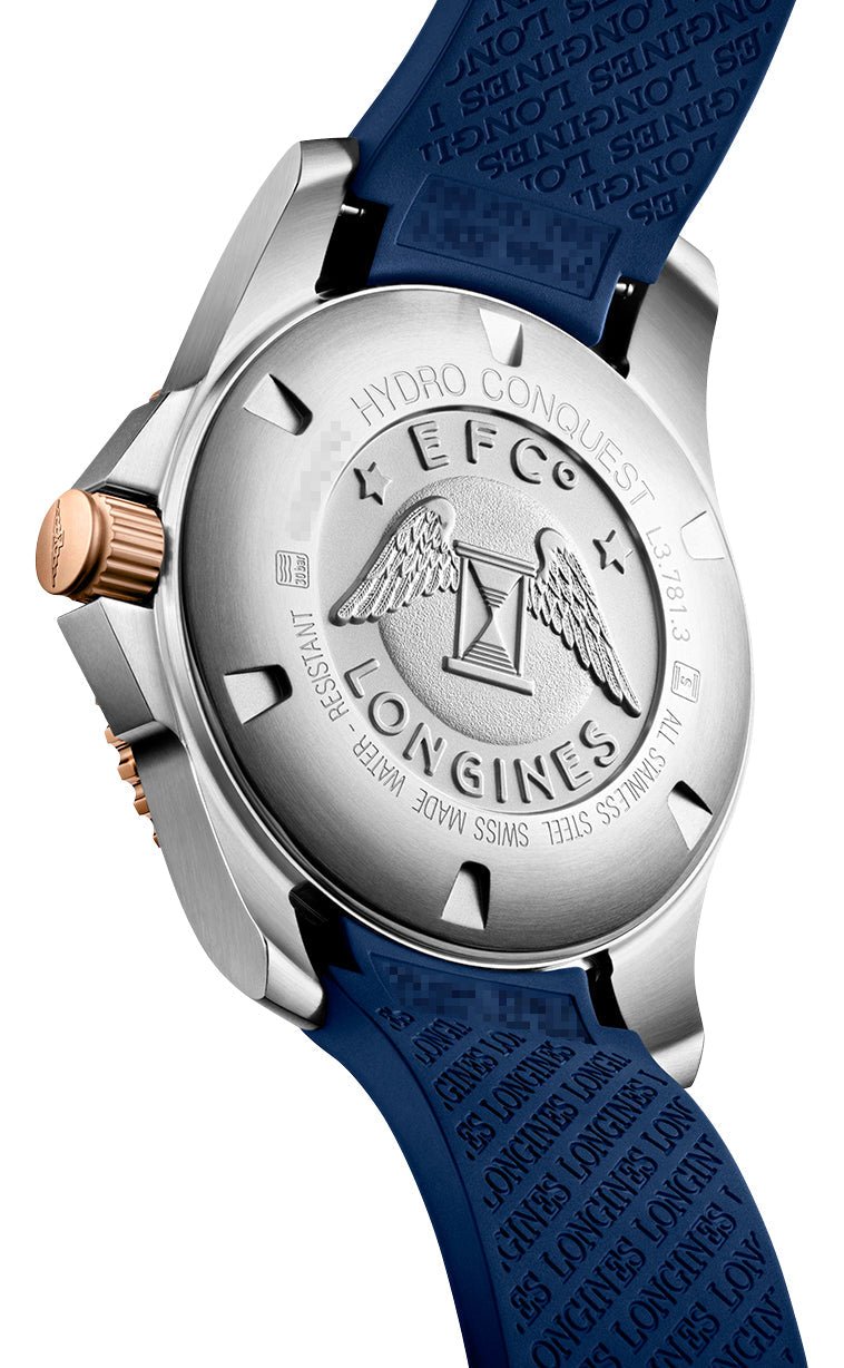 Longines HydroConquest Automatic Stainless Steel & Rose Gold PVD Blue Dial Blue Rubber Strap Date Divers Mens Watch L3.781.3.98.9 wholesalehk.shop