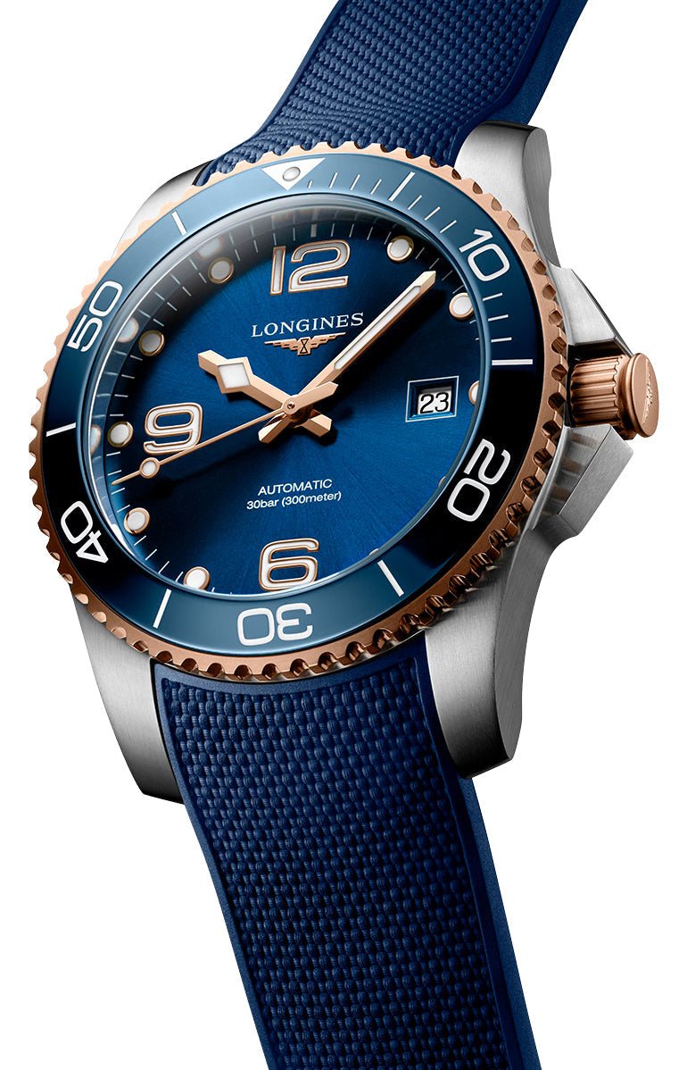 Longines HydroConquest Automatic Stainless Steel & Rose Gold PVD Blue Dial Blue Rubber Strap Date Divers Mens Watch L3.781.3.98.9 wholesalehk.shop