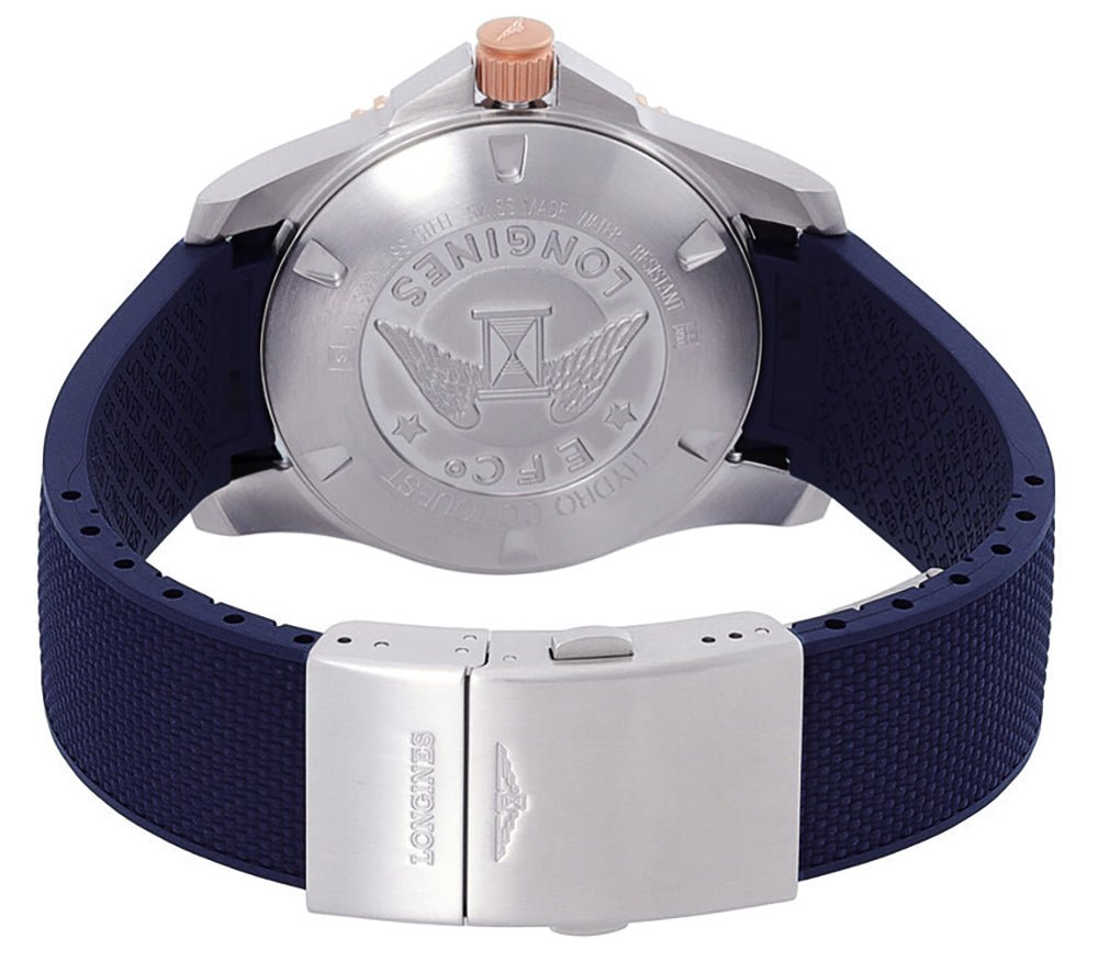 Longines HydroConquest Automatic Stainless Steel & Rose Gold PVD Blue Dial Blue Rubber Strap Date Divers Mens Watch L3.781.3.98.9 wholesalehk.shop