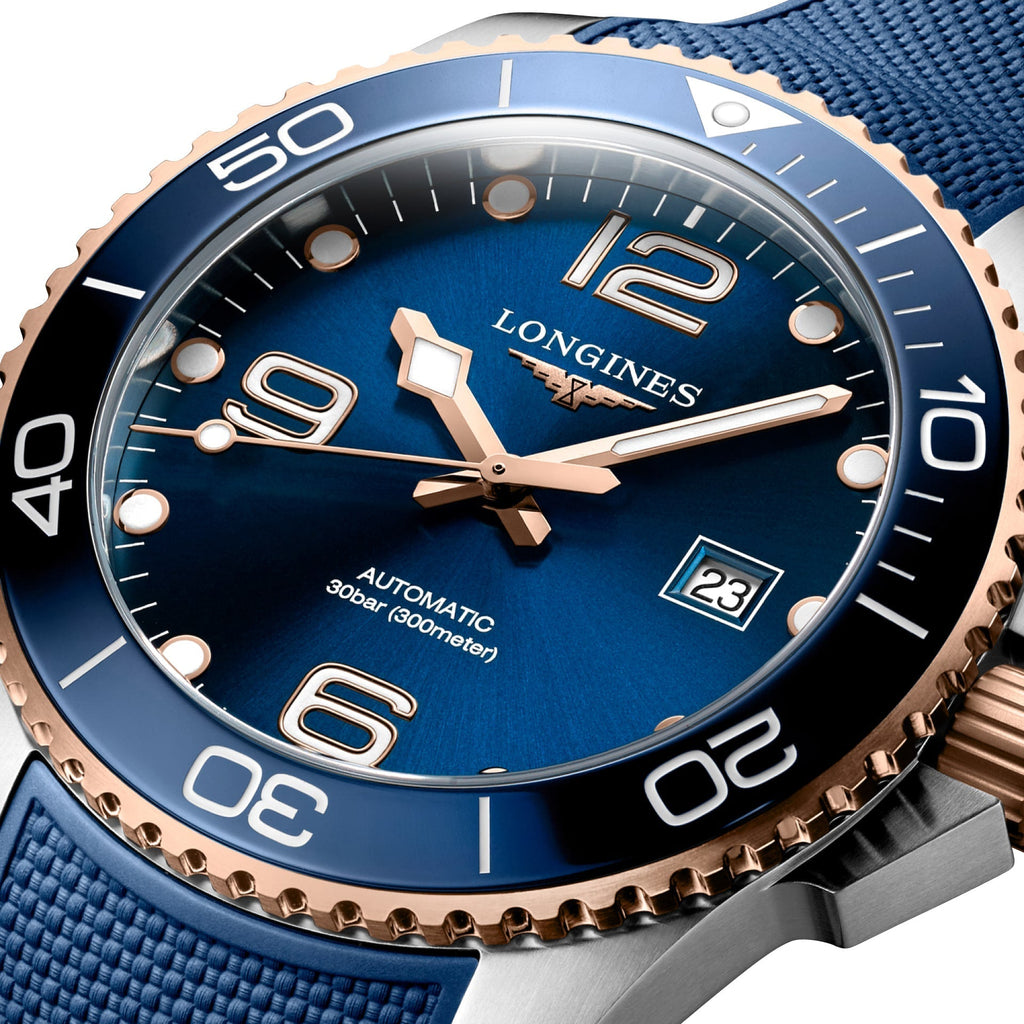 Longines HydroConquest Automatic Stainless Steel & Rose Gold PVD Blue Dial Blue Rubber Strap Date Divers Mens Watch L3.782.3.98.9 wholesalehk.shop