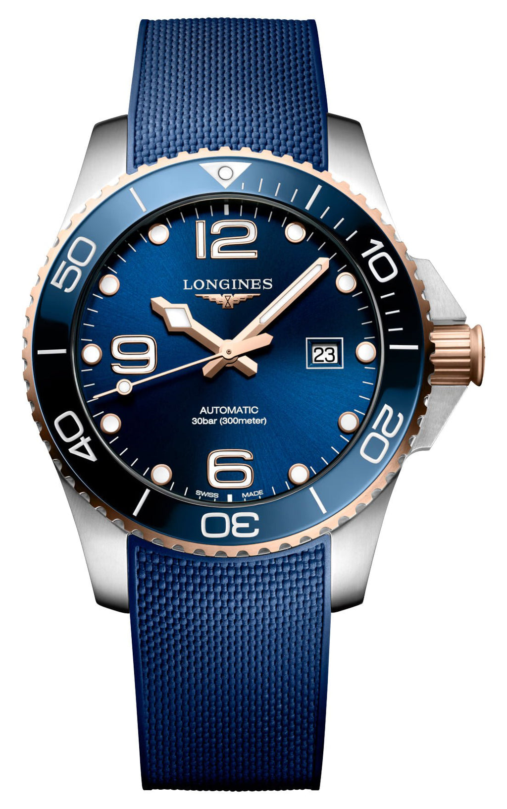 Longines HydroConquest Automatic Stainless Steel & Rose Gold PVD Blue Dial Blue Rubber Strap Date Divers Mens Watch L3.782.3.98.9 wholesalehk.shop