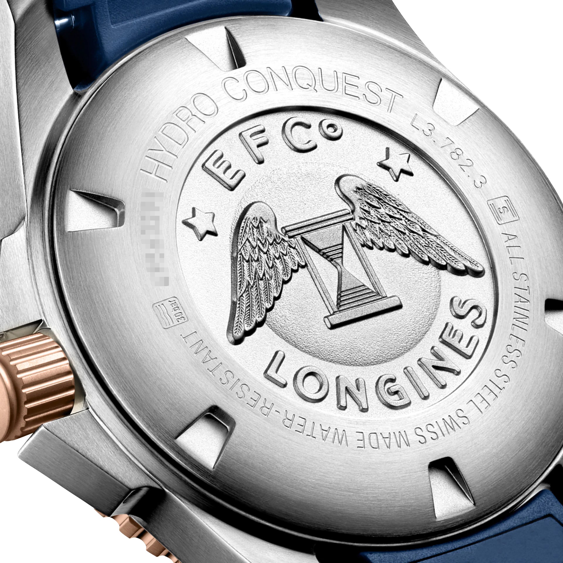Longines HydroConquest Automatic Stainless Steel & Rose Gold PVD Blue Dial Blue Rubber Strap Date Divers Mens Watch L3.782.3.98.9 wholesalehk.shop