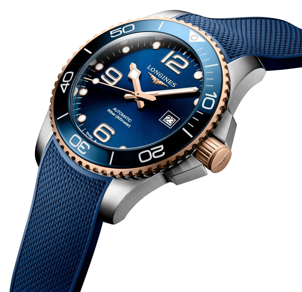 Longines HydroConquest Automatic Stainless Steel & Rose Gold PVD Blue Dial Blue Rubber Strap Date Divers Mens Watch L3.782.3.98.9 wholesalehk.shop