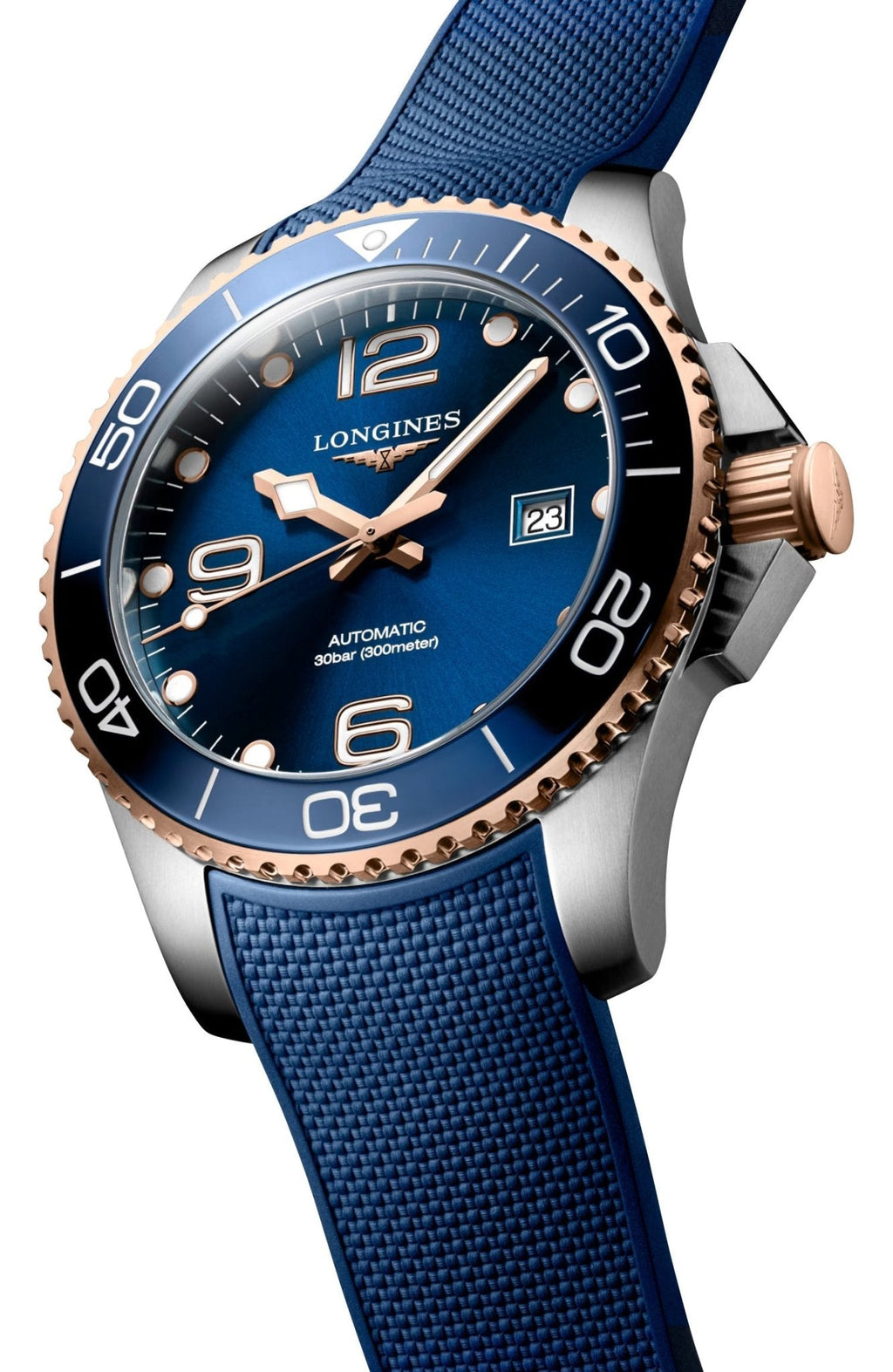 Longines HydroConquest Automatic Stainless Steel & Rose Gold PVD Blue Dial Blue Rubber Strap Date Divers Mens Watch L3.782.3.98.9 wholesalehk.shop
