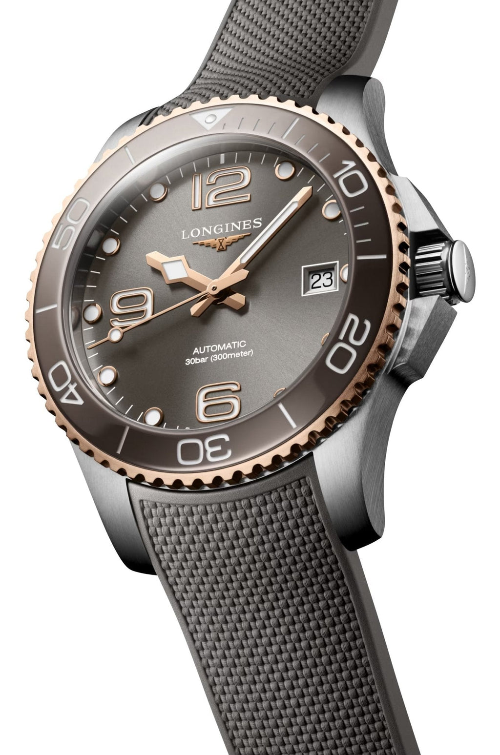 Longines HydroConquest Automatic Stainless Steel & Rose Gold PVD Gray Dial Gray Rubber Strap Date Divers Mens Watch L3.780.3.78.9 wholesalehk.shop