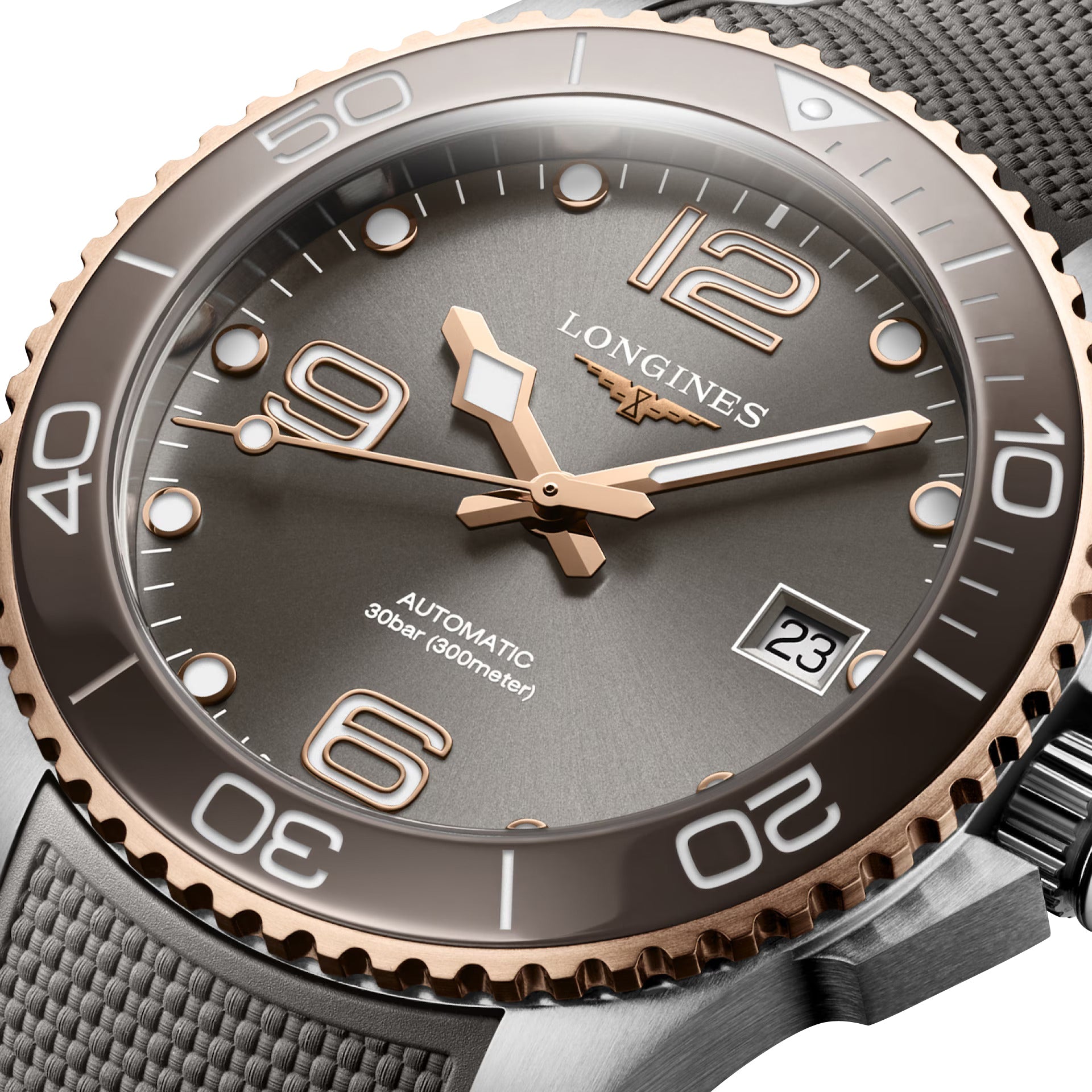 Longines HydroConquest Automatic Stainless Steel & Rose Gold PVD Gray Dial Gray Rubber Strap Date Divers Mens Watch L3.780.3.78.9 wholesalehk.shop