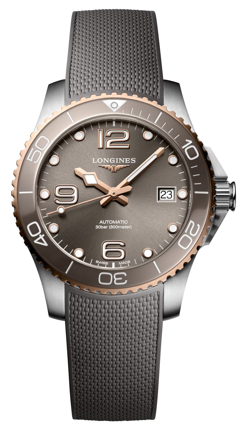 Longines HydroConquest Automatic Stainless Steel & Rose Gold PVD Gray Dial Gray Rubber Strap Date Divers Mens Watch L3.780.3.78.9 wholesalehk.shop