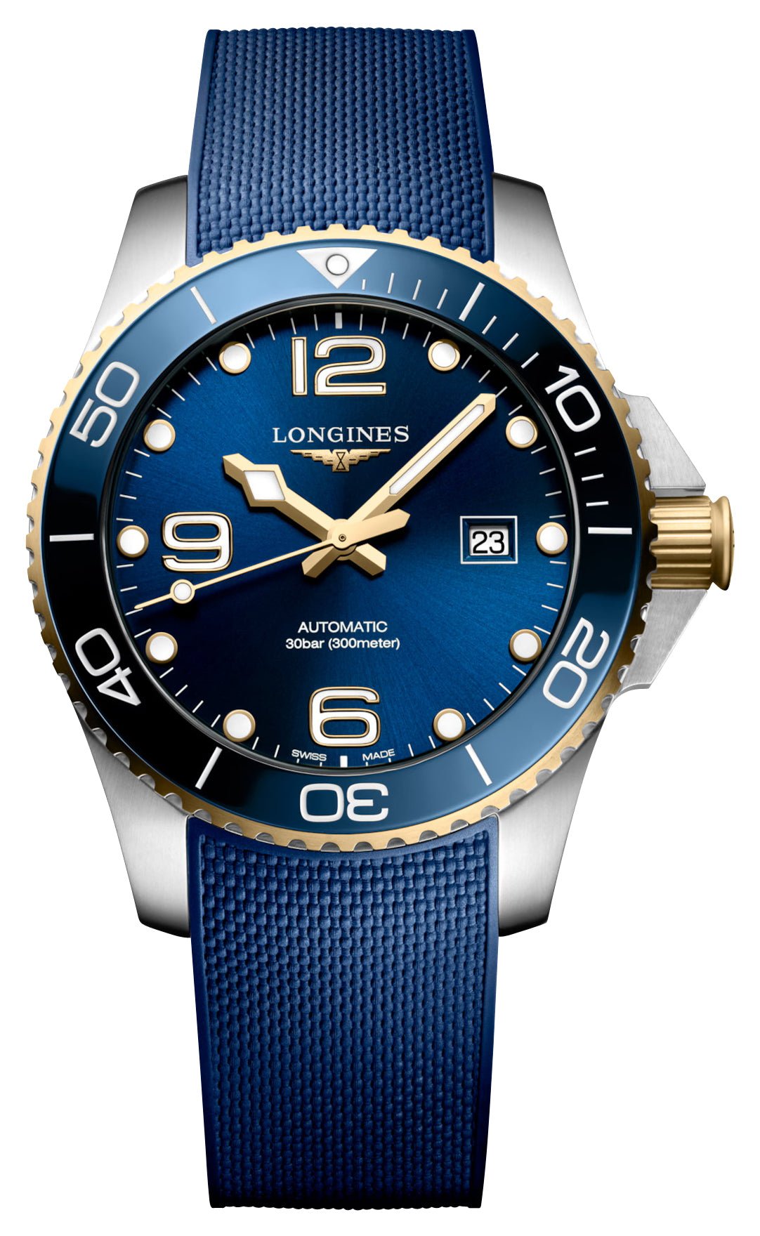Longines HydroConquest Automatic Stainless Steel & Yellow Gold PVD Blue Dial Blue Rubber Strap Date Divers Mens Watch L3.782.3.96.9 wholesalehk.shop