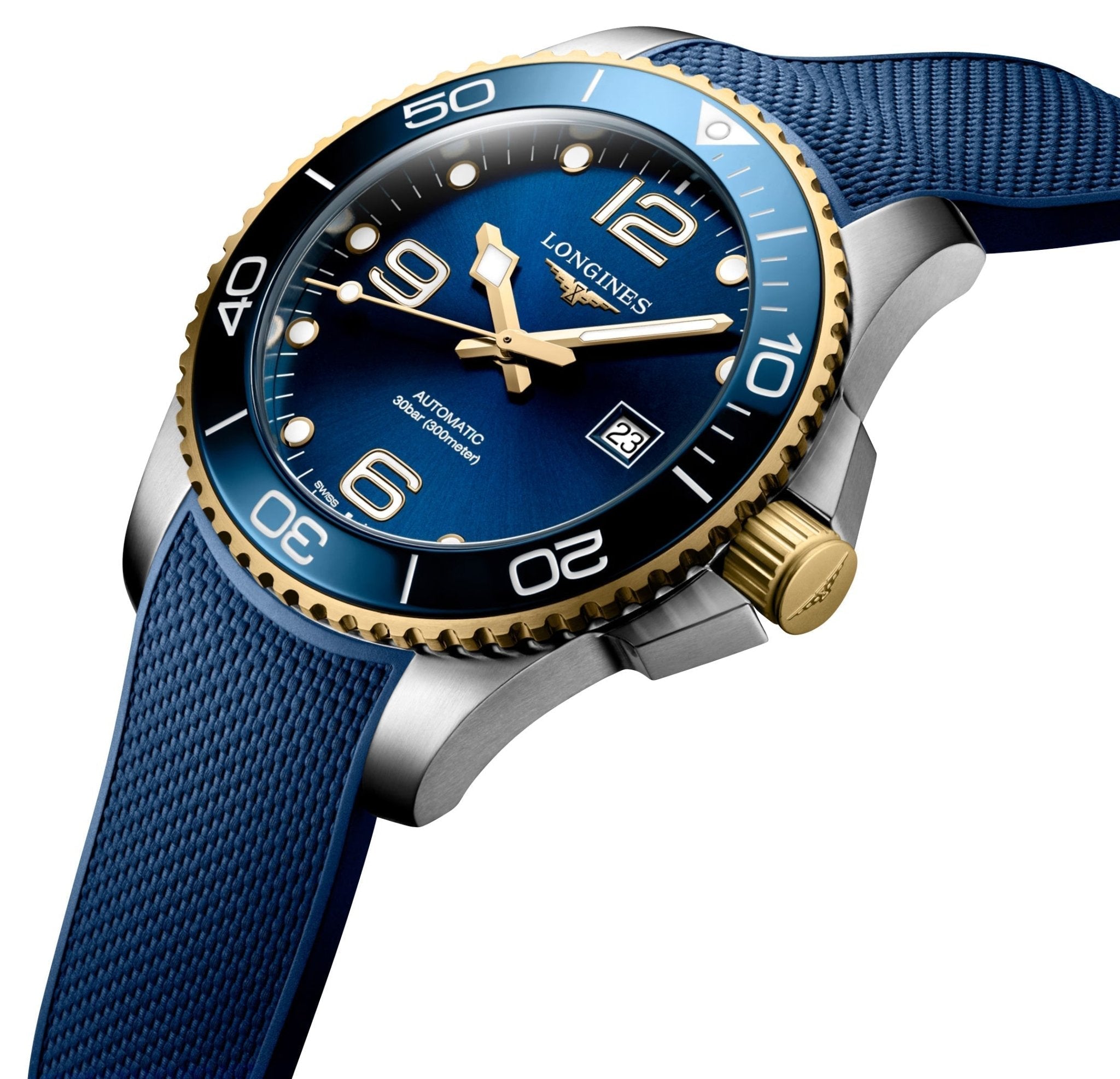 Longines HydroConquest Automatic Stainless Steel & Yellow Gold PVD Blue Dial Blue Rubber Strap Date Divers Mens Watch L3.782.3.96.9 wholesalehk.shop