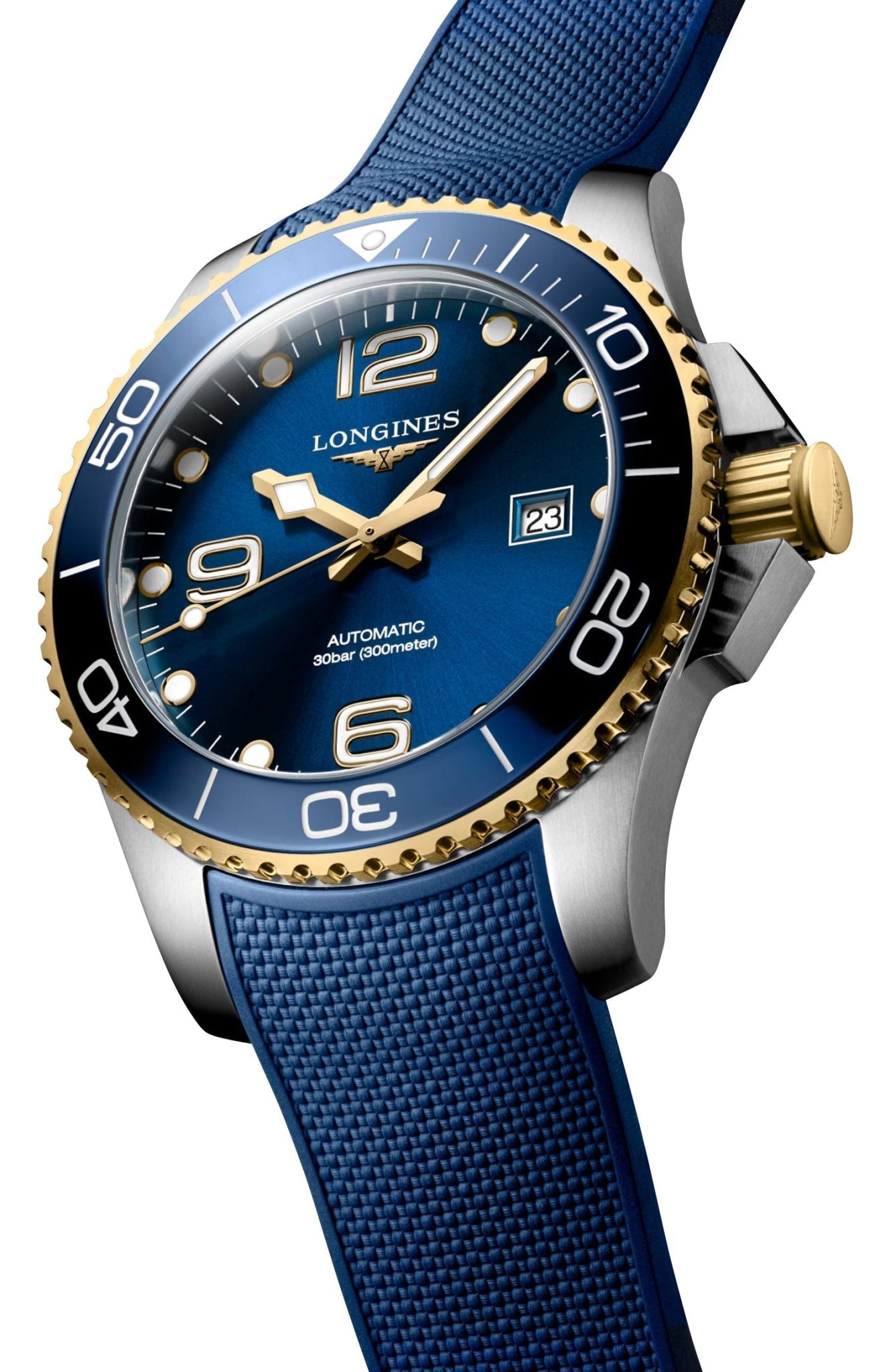 Longines HydroConquest Automatic Stainless Steel & Yellow Gold PVD Blue Dial Blue Rubber Strap Date Divers Mens Watch L3.782.3.96.9 wholesalehk.shop