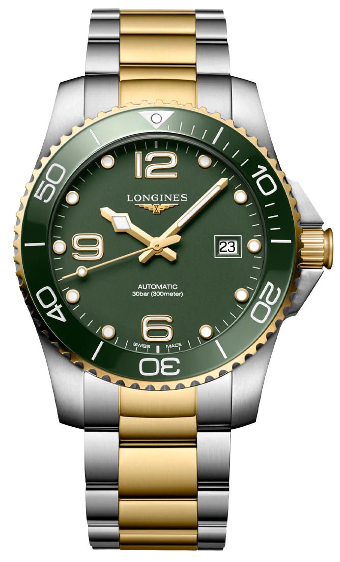 Longines HydroConquest Automatic Stainless Steel & Yellow Gold PVD Green Dial Date Divers Mens Watch L3.781.3.06.7 wholesalehk.shop