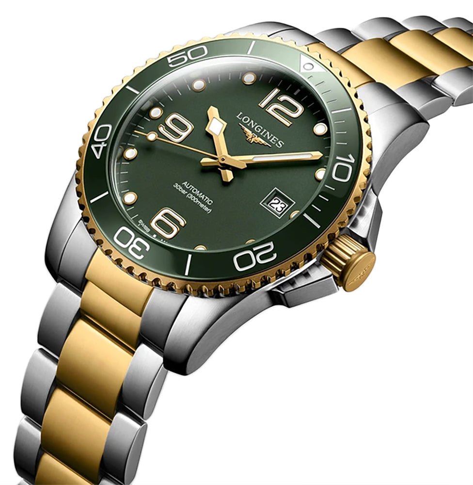 Longines HydroConquest Automatic Stainless Steel & Yellow Gold PVD Green Dial Date Divers Mens Watch L3.781.3.06.7 wholesalehk.shop