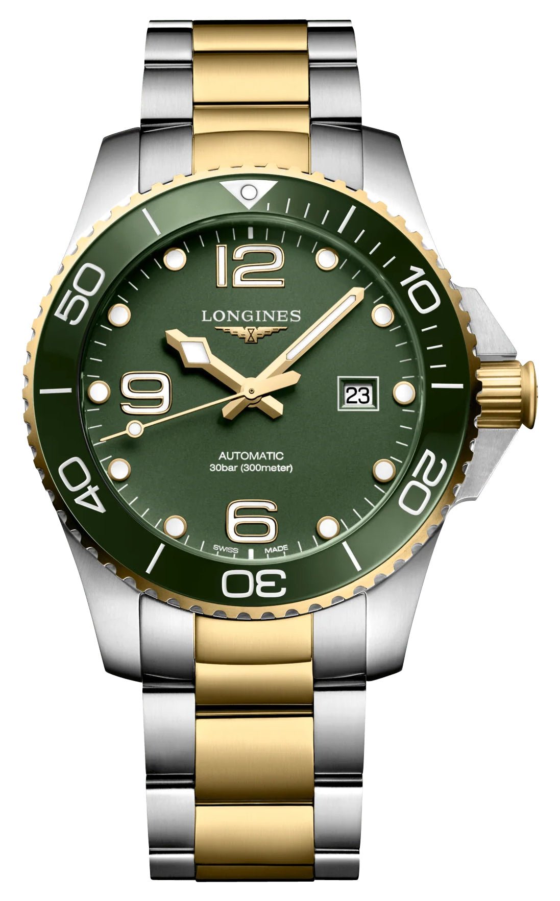Longines HydroConquest Automatic Stainless Steel & Yellow Gold PVD Green Dial Date Divers Mens Watch L3.782.3.06.7 wholesalehk.shop