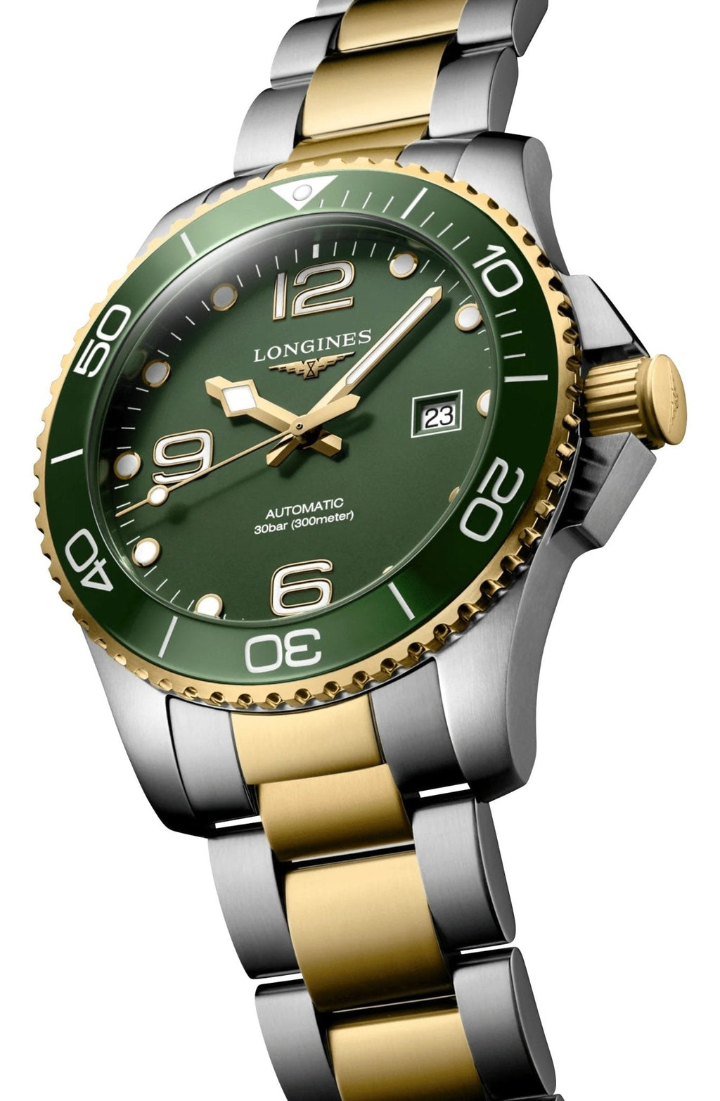 Longines HydroConquest Automatic Stainless Steel & Yellow Gold PVD Green Dial Date Divers Mens Watch L3.782.3.06.7 wholesalehk.shop