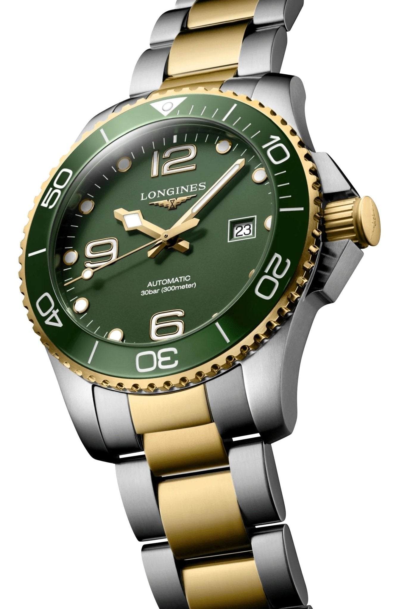 Longines HydroConquest Automatic Stainless Steel & Yellow Gold PVD Green Dial Date Divers Mens Watch L3.782.3.06.7 wholesalehk.shop