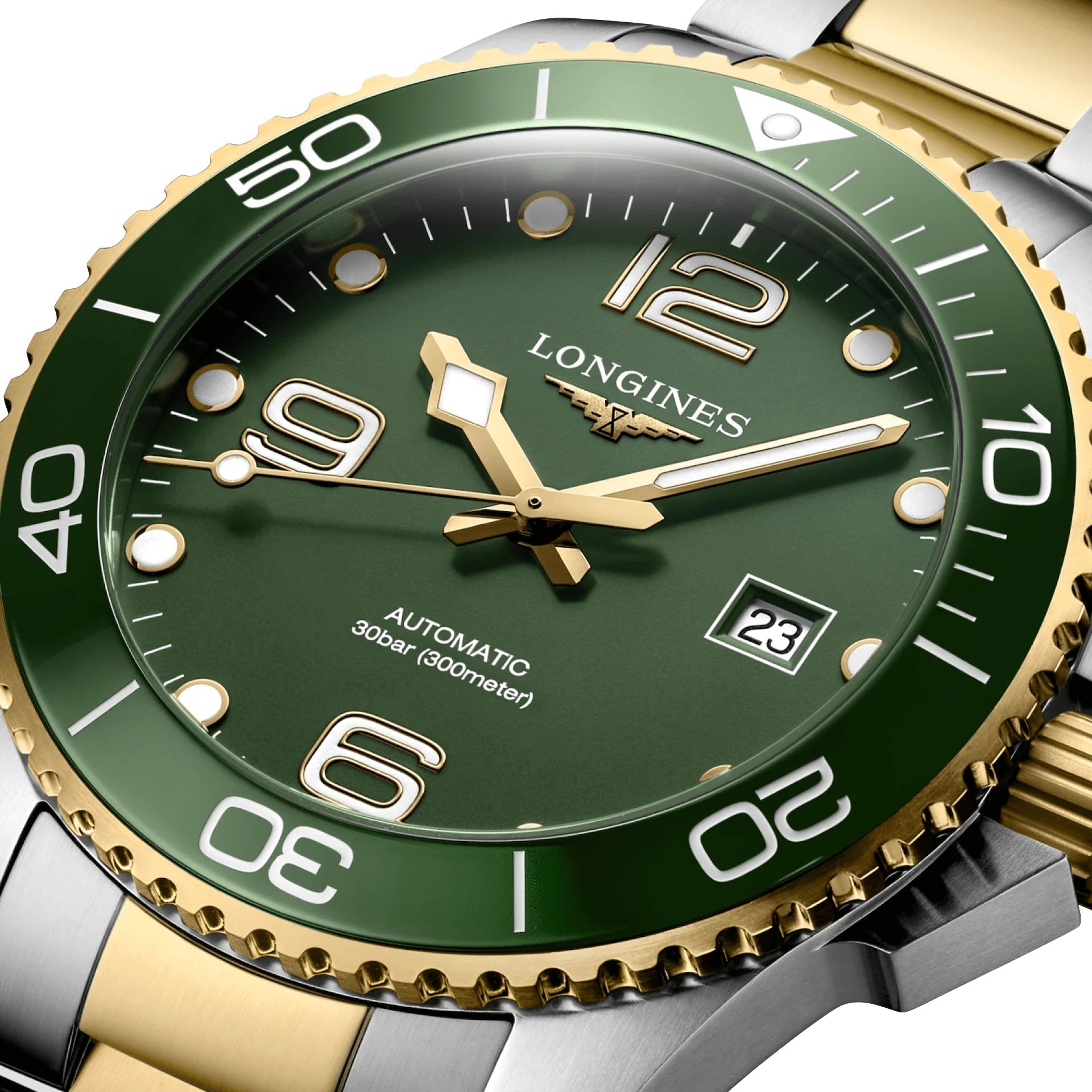 Longines HydroConquest Automatic Stainless Steel & Yellow Gold PVD Green Dial Date Divers Mens Watch L3.782.3.06.7 wholesalehk.shop