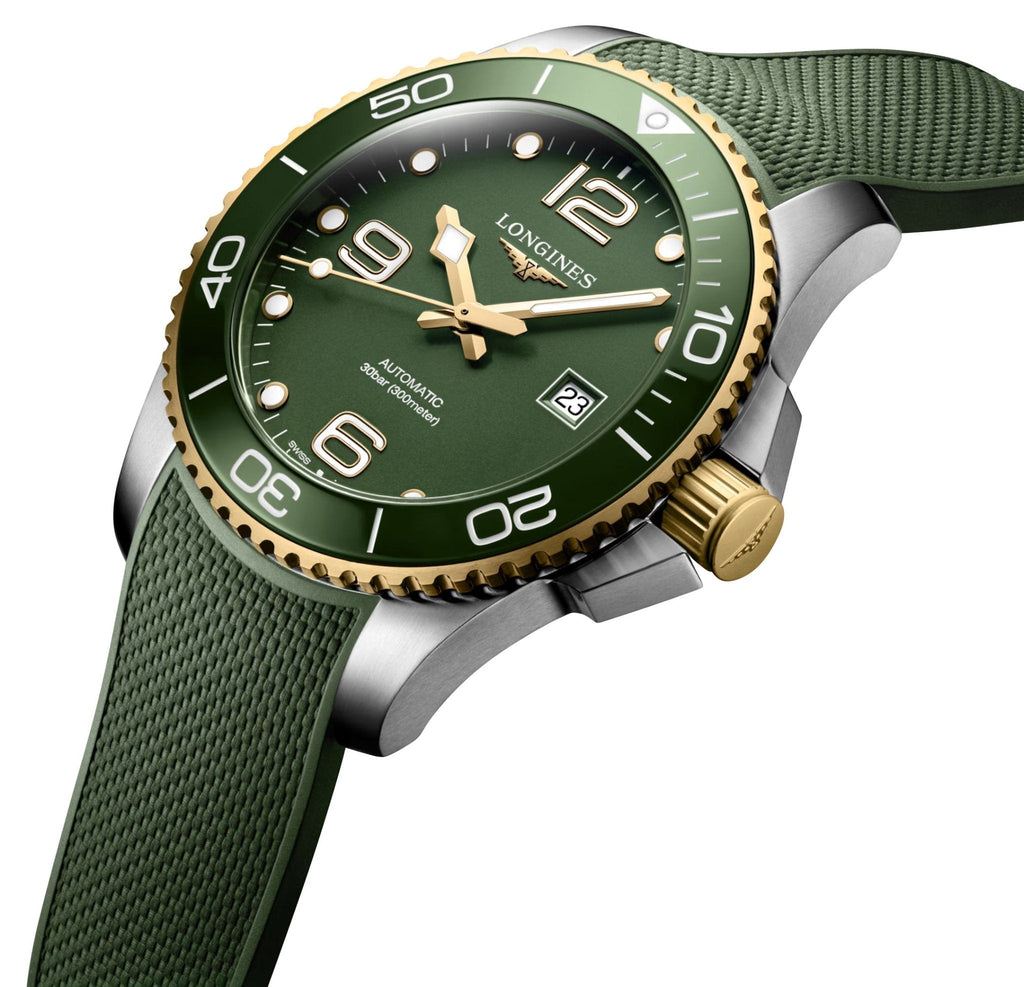 Longines HydroConquest Automatic Stainless Steel & Yellow Gold PVD Green Dial Green Rubber Strap Date Divers Mens Watch L3.782.3.06.9 wholesalehk.shop