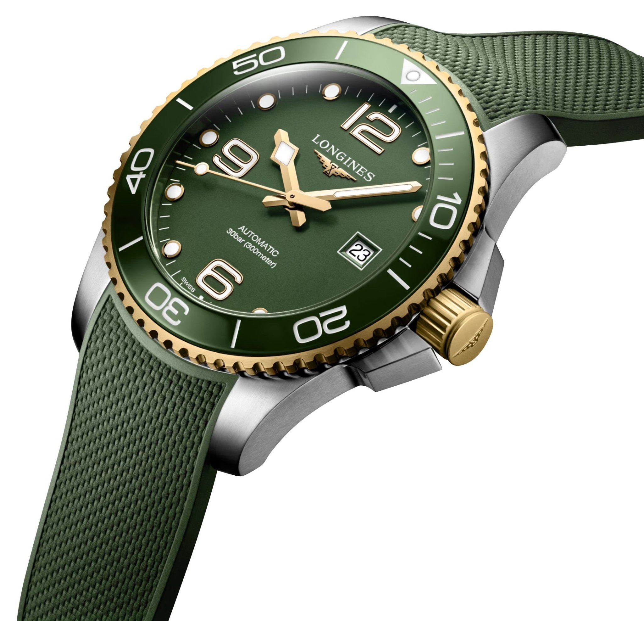 Longines HydroConquest Automatic Stainless Steel & Yellow Gold PVD Green Dial Green Rubber Strap Date Divers Mens Watch L3.782.3.06.9 wholesalehk.shop