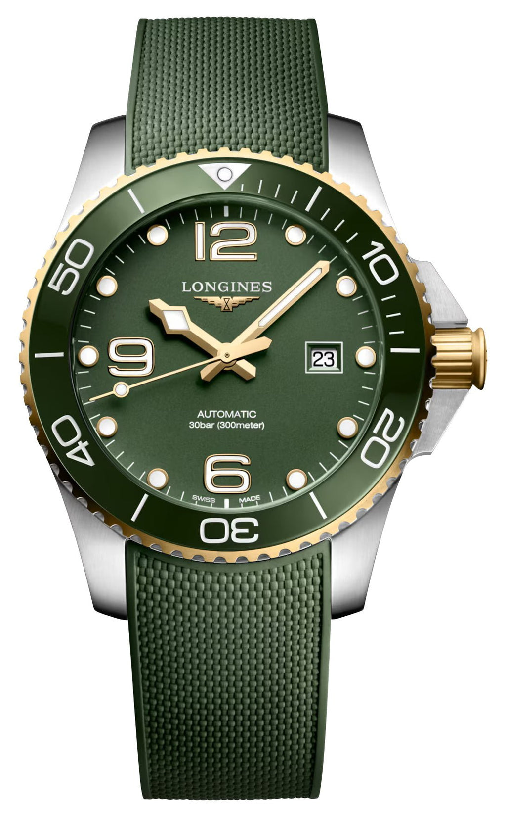 Longines HydroConquest Automatic Stainless Steel & Yellow Gold PVD Green Dial Green Rubber Strap Date Divers Mens Watch L3.782.3.06.9 wholesalehk.shop
