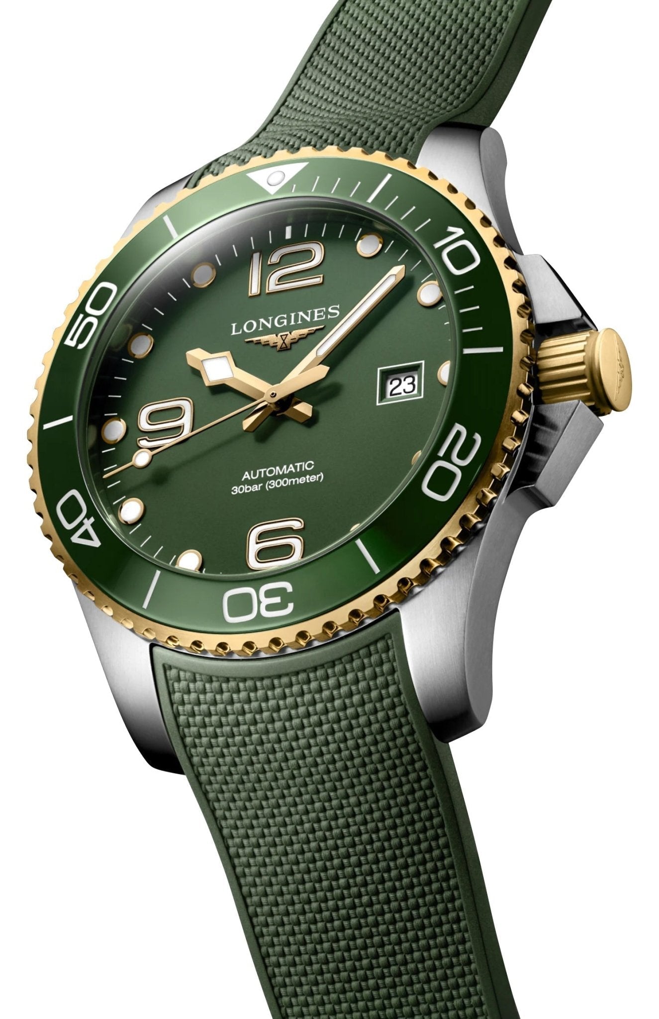 Longines HydroConquest Automatic Stainless Steel & Yellow Gold PVD Green Dial Green Rubber Strap Date Divers Mens Watch L3.782.3.06.9 wholesalehk.shop