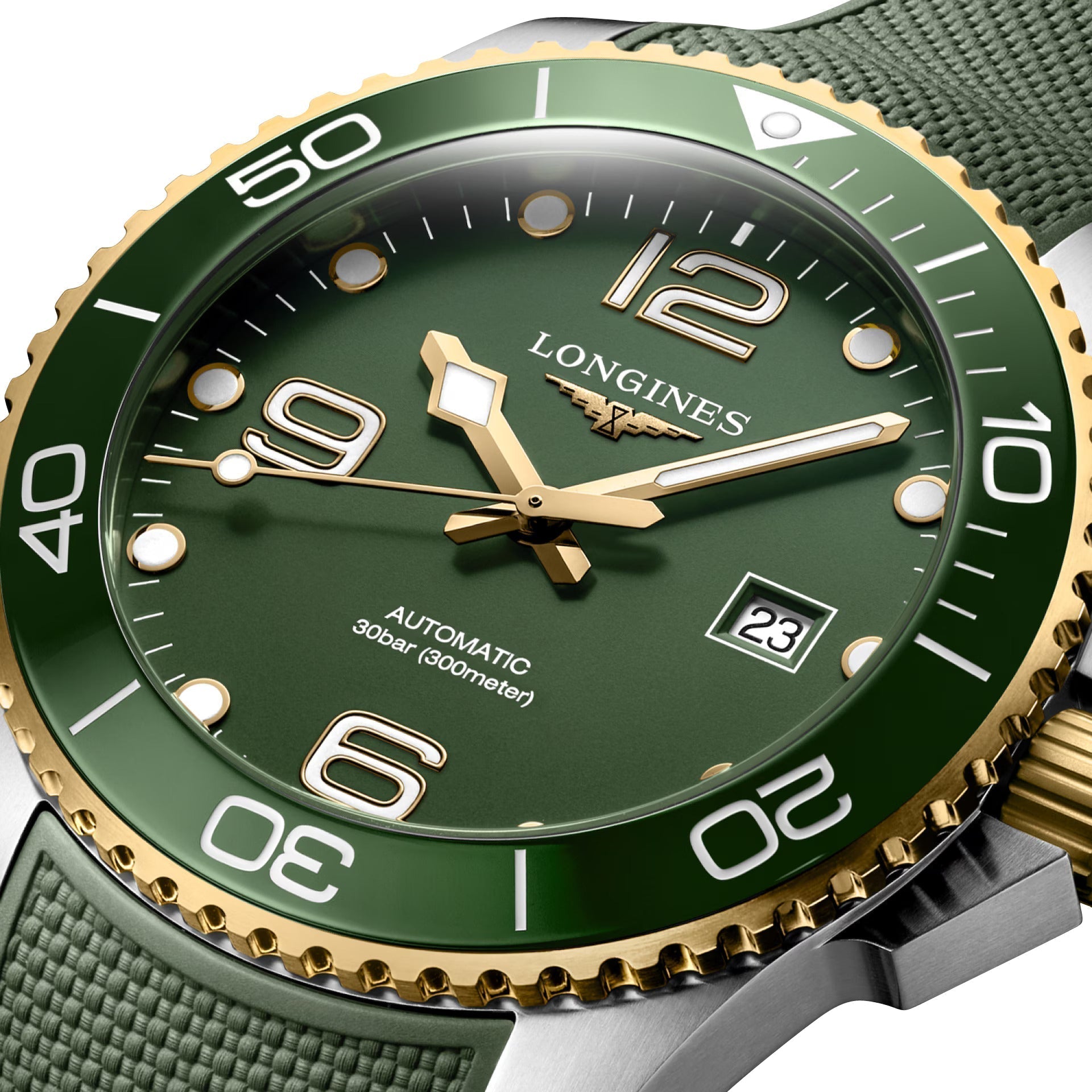 Longines HydroConquest Automatic Stainless Steel & Yellow Gold PVD Green Dial Green Rubber Strap Date Divers Mens Watch L3.782.3.06.9 wholesalehk.shop