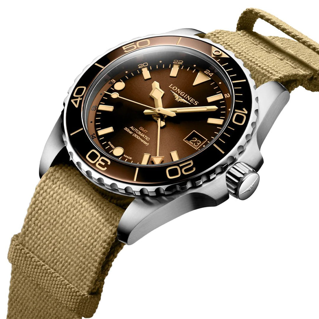 Longines HydroConquest GMT Automatic Stainless Steel Brown Dial Beige NATO Nylon Strap Date Divers Mens Watch L3.790.4.66.2 wholesalehk.shop