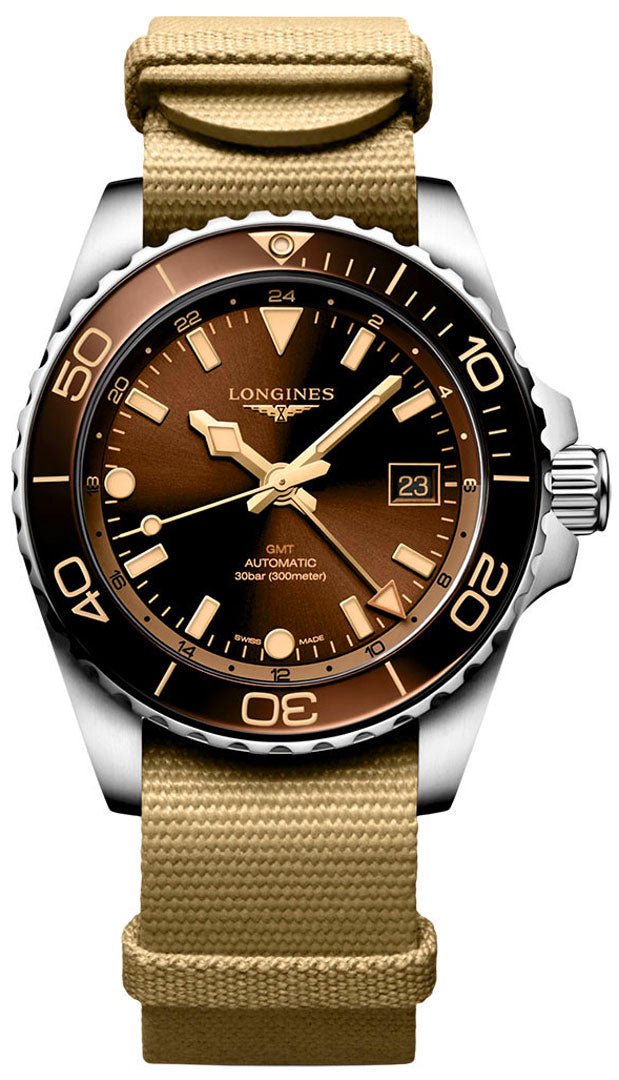 Longines HydroConquest GMT Automatic Stainless Steel Brown Dial Beige NATO Nylon Strap Date Divers Mens Watch L3.790.4.66.2 wholesalehk.shop